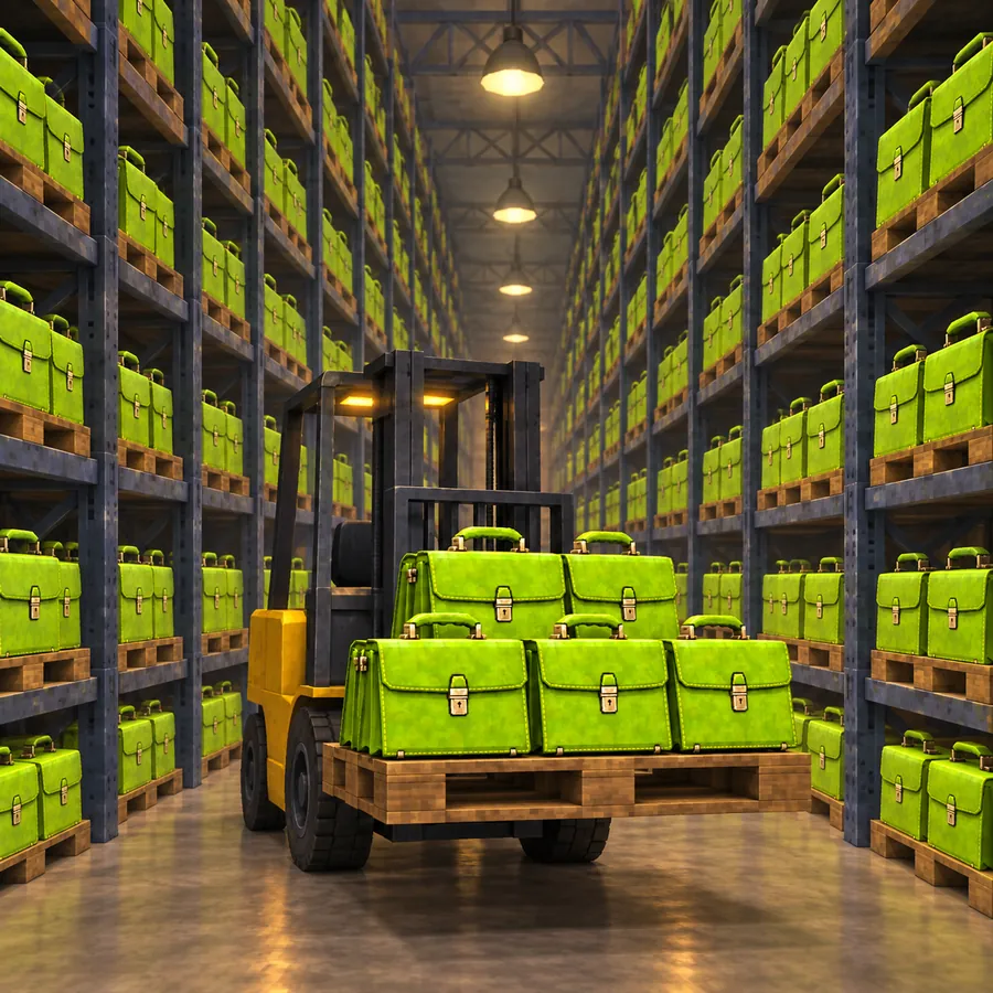 endless warehouse shelves packed with lime bags